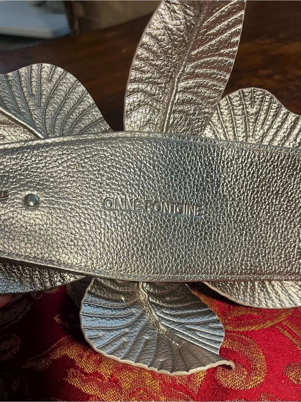Anne Fontaine Carrie Belt Metallic Silver Leather Floral Leaf Statement Belt